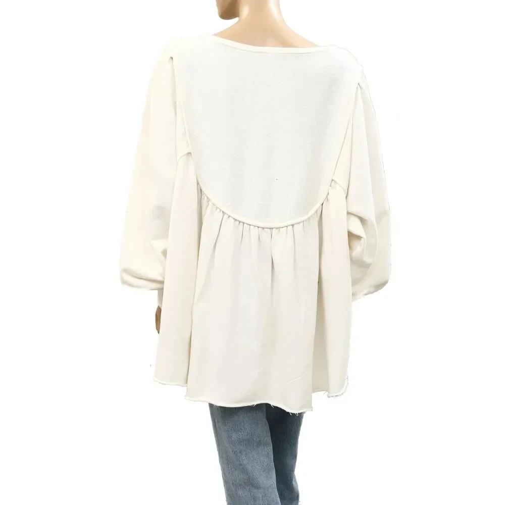 Free People About A Girl Pullover Sweatshirt Top Henley Flowy Cotton M 289539
